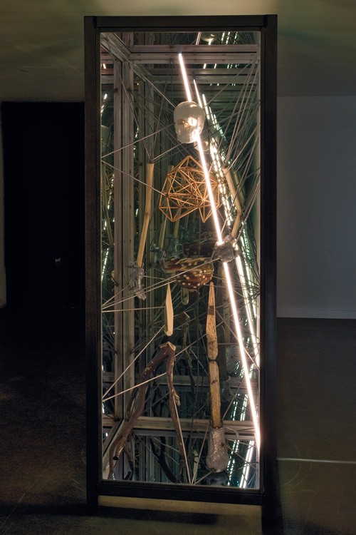 DYMAXION BIOTRON, 2009, 221 × 83.8 × 83.8 CM, STAINLESS STEEL, PLASTIC, WOOD, LEAD, GOLD, AXE HANDLES, NEON LIGHT