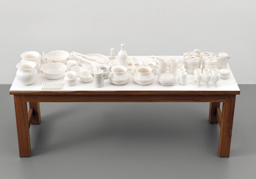 STILL LIFE, 2009, MARBLE, WOOD TABLE, 120 × 213.4 × 76.2 CM, COURTESY THE ARTIST AND HAUSER & WIRTH, PHOTO: STEFAN ALTENBURGER PHOTOGRAPHY ZURICH, © SUBODH GUPTA