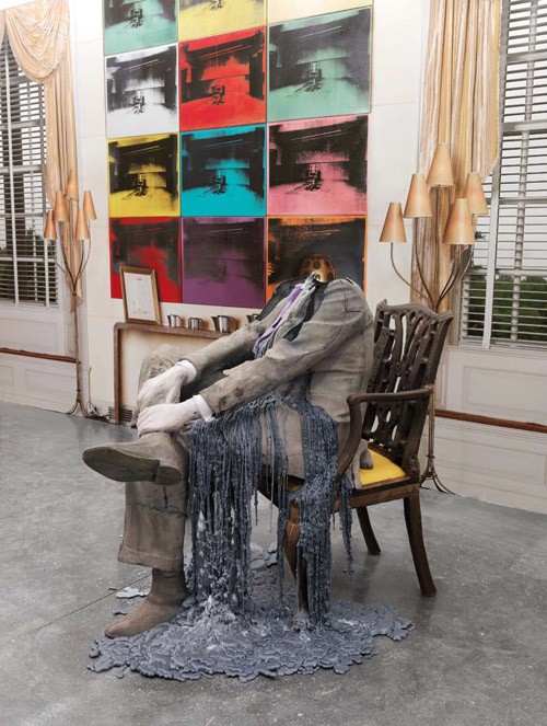 URS FISCHER, UNTITLED (SEATED), 2010, AND ABSTRACT SLAVERY, 2008, INSTALLATION VIEW, THE BRANT FOUNDATION ART STUDY CENTER,GREENWICH, CONNECTICUT. © URS FISCHER, COURTESY OF THE ARTIST AND GAVIN BROWN’S ENTERPRISE, NY<br>PHOTO: MATS NORDMAN